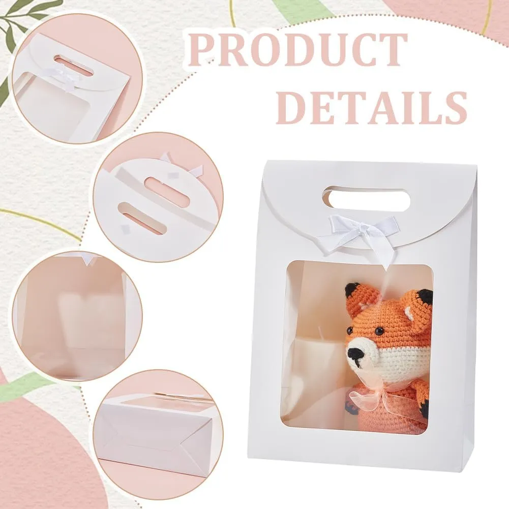 NBEADS 12 Pcs Kraft Paper Bags with Window, 7.48x3.54x10.43 Inch Stand Up Gift Bag with Ribbon Bowknot Small Gift Bag for Candy Cookies Packaging Wedding Christmas Store Retail, White