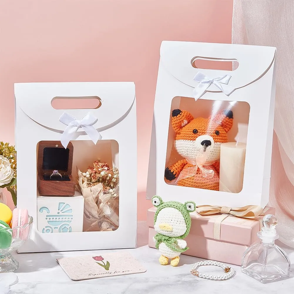 NBEADS 12 Pcs Kraft Paper Bags with Window, 7.48x3.54x10.43 Inch Stand Up Gift Bag with Ribbon Bowknot Small Gift Bag for Candy Cookies Packaging Wedding Christmas Store Retail, White