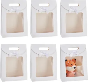 NBEADS 12 Pcs Kraft Paper Bags with Window, 7.48x3.54x10.43 Inch Stand Up Gift Bag with Ribbon Bowknot Small Gift Bag for Candy Cookies Packaging Wedding Christmas Store Retail, White