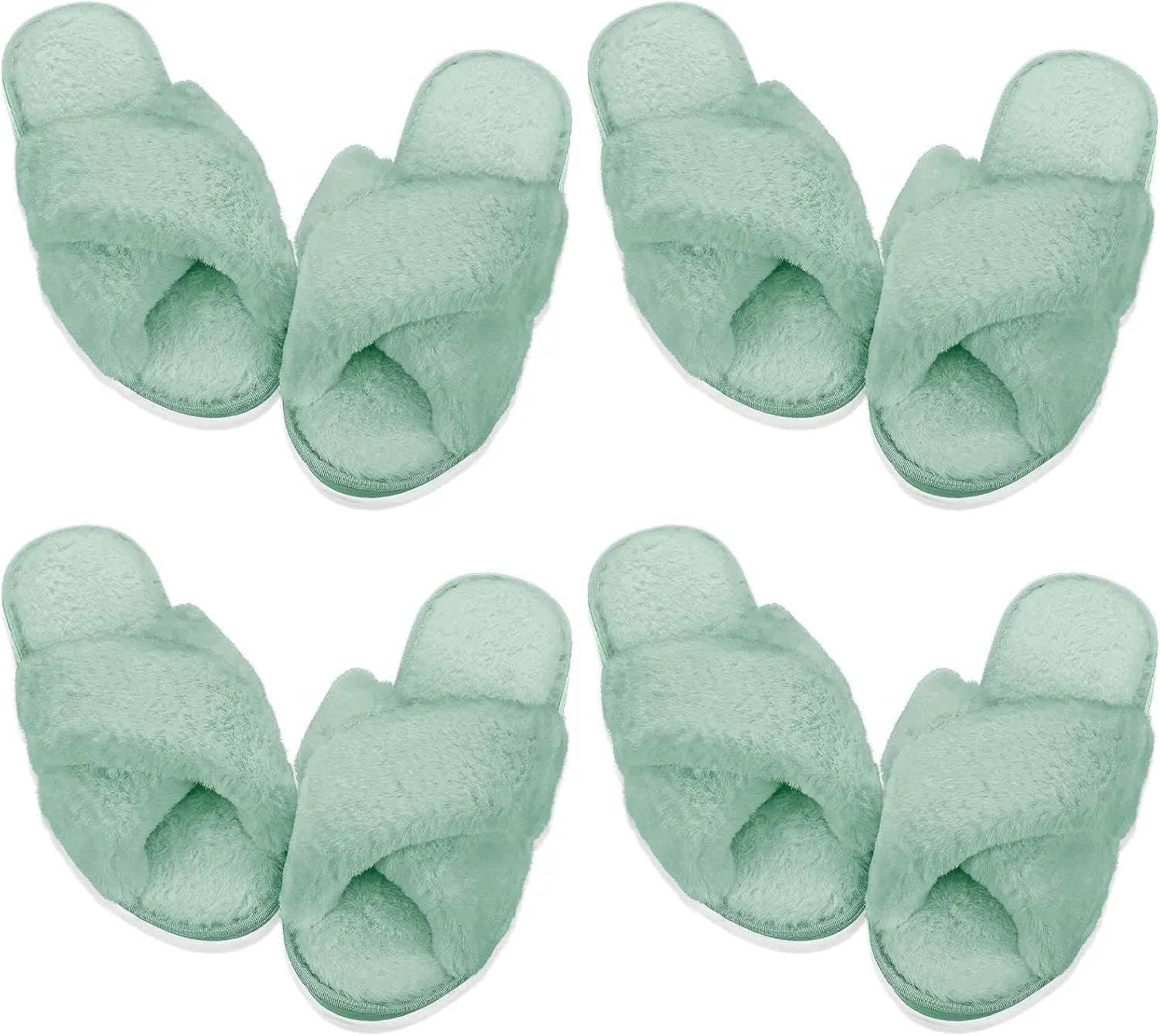 Newcotte 4 Pairs Women's Fuzzy Slippers Bridesmaid Slippers Open Toe Cross Band Plush Furry House Soft Fluffy Cozy