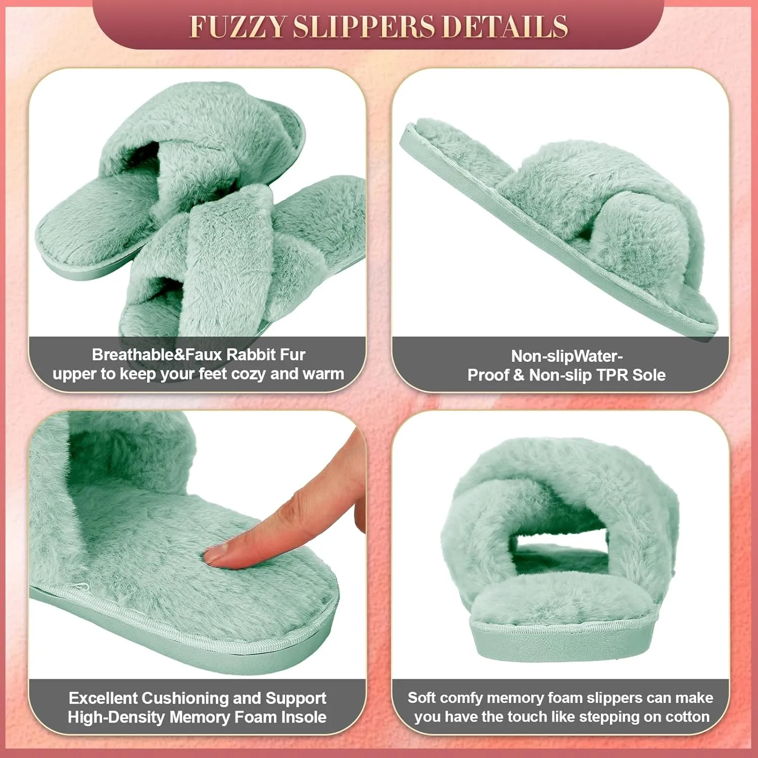 Newcotte 4 Pairs Women's Fuzzy Slippers Bridesmaid Slippers Open Toe Cross Band Plush Furry House Soft Fluffy Cozy
