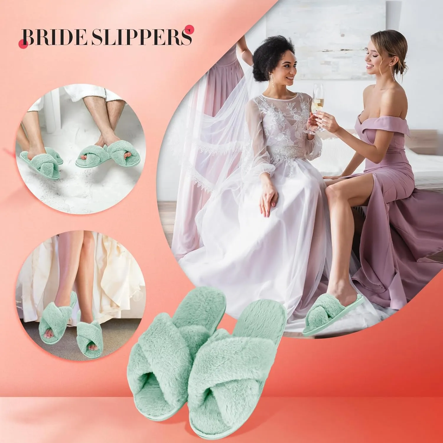 Newcotte 4 Pairs Women's Fuzzy Slippers Bridesmaid Slippers Open Toe Cross Band Plush Furry House Soft Fluffy Cozy