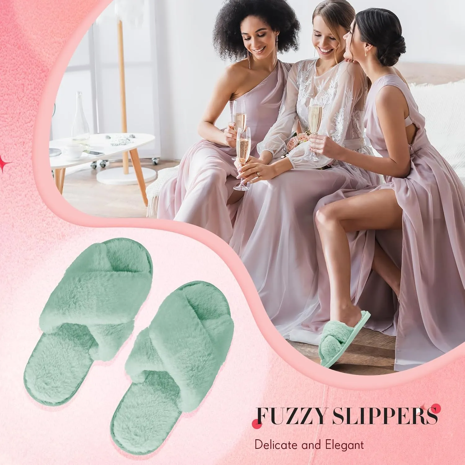 Newcotte 4 Pairs Women's Fuzzy Slippers Bridesmaid Slippers Open Toe Cross Band Plush Furry House Soft Fluffy Cozy