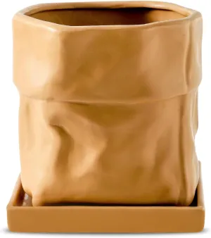 Nihow Ceramic Plant Pot: 6 Inch Planter with Drainage Hole & Square Saucer for Herbs/Plants, Bag Shape Design Flower Pot for Indoor & Outdoor Garden Decor - Terracota