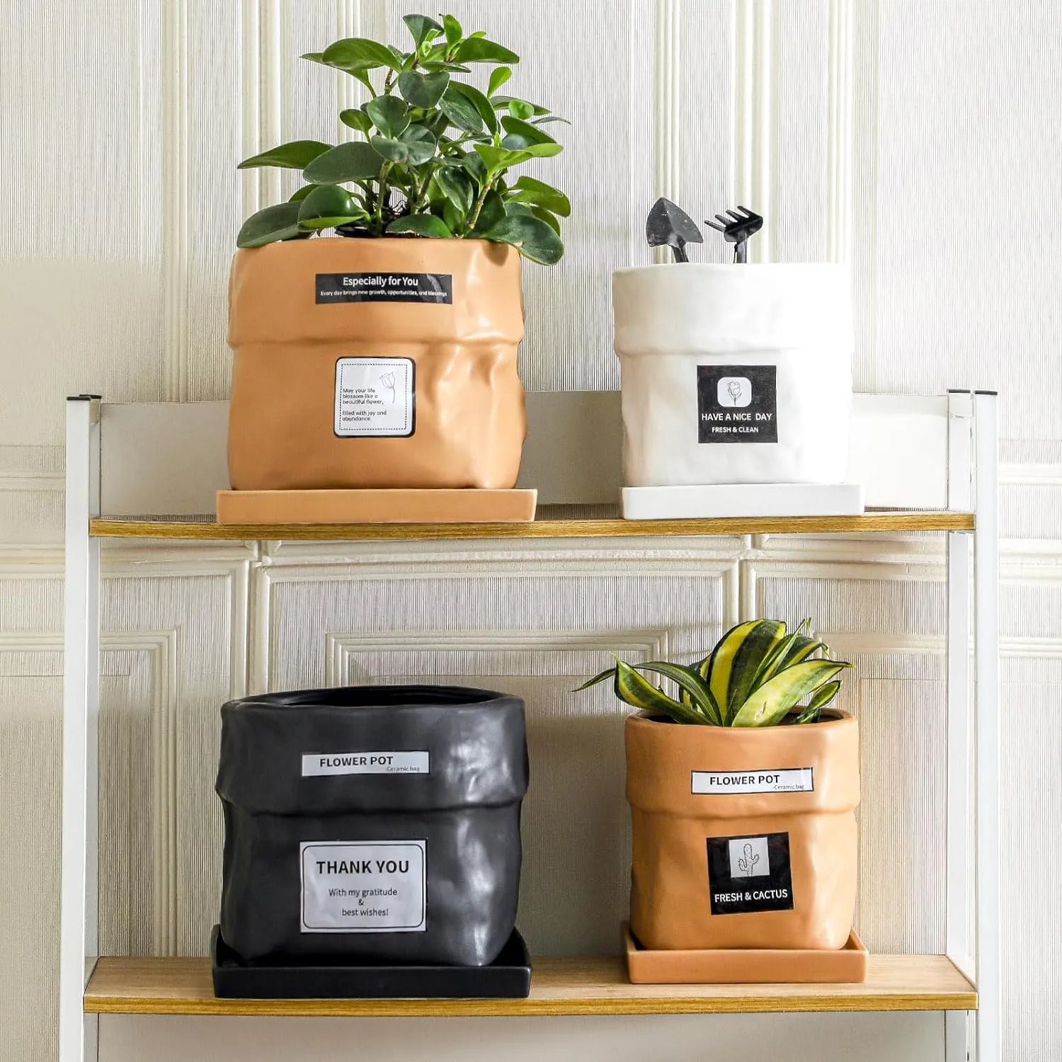Nihow Ceramic Plant Pot: 6 Inch Planter with Drainage Hole & Square Saucer for Herbs/Plants, Bag Shape Design Flower Pot for Indoor & Outdoor Garden Decor - Terracota