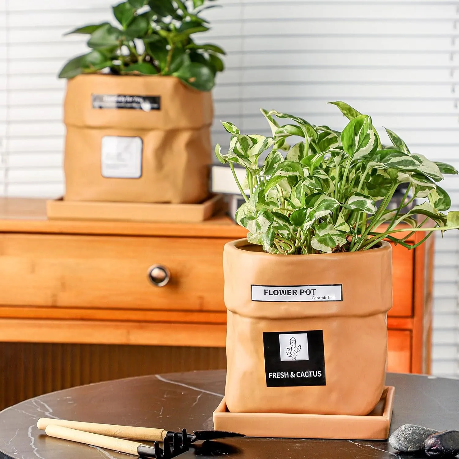 Nihow Ceramic Plant Pot: 6 Inch Planter with Drainage Hole & Square Saucer for Herbs/Plants, Bag Shape Design Flower Pot for Indoor & Outdoor Garden Decor - Terracota