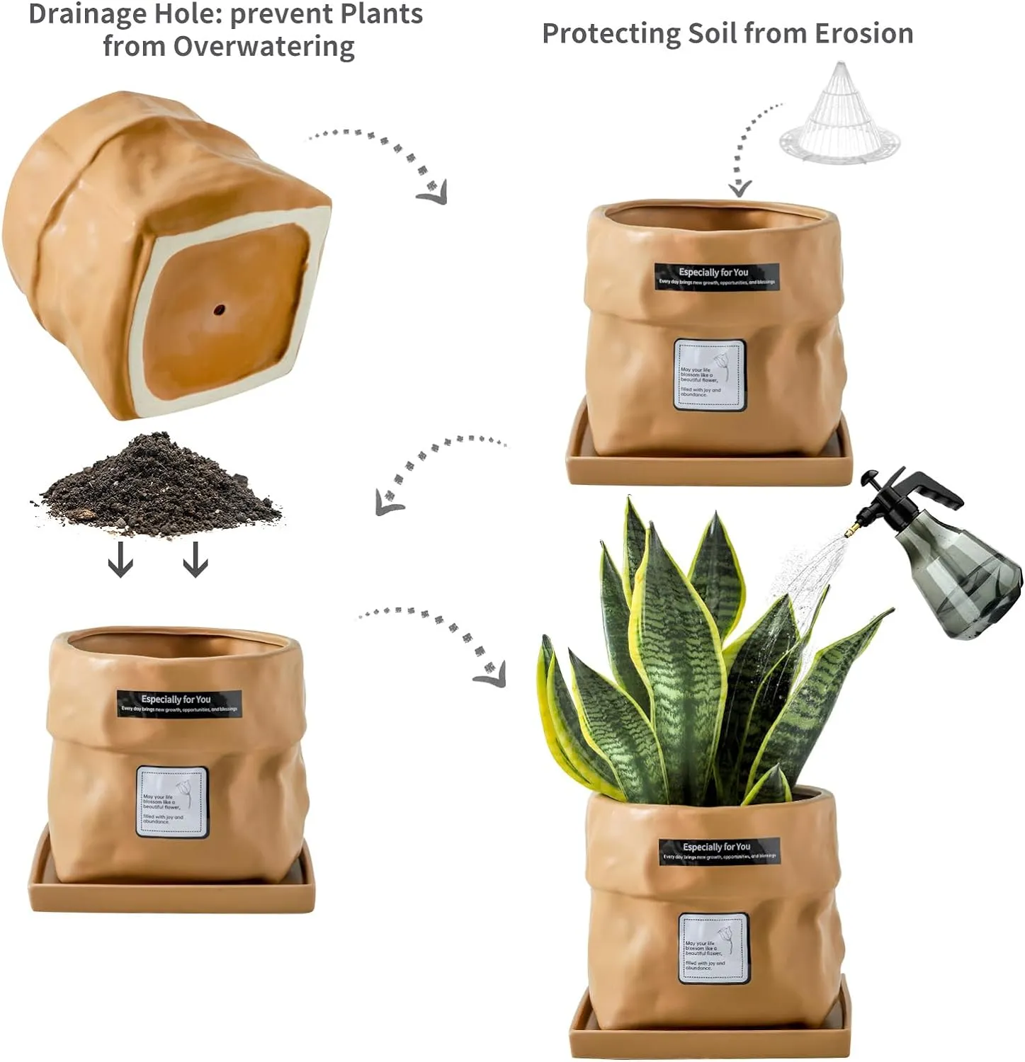 Nihow Ceramic Plant Pot: 6 Inch Planter with Drainage Hole & Square Saucer for Herbs/Plants, Bag Shape Design Flower Pot for Indoor & Outdoor Garden Decor - Terracota