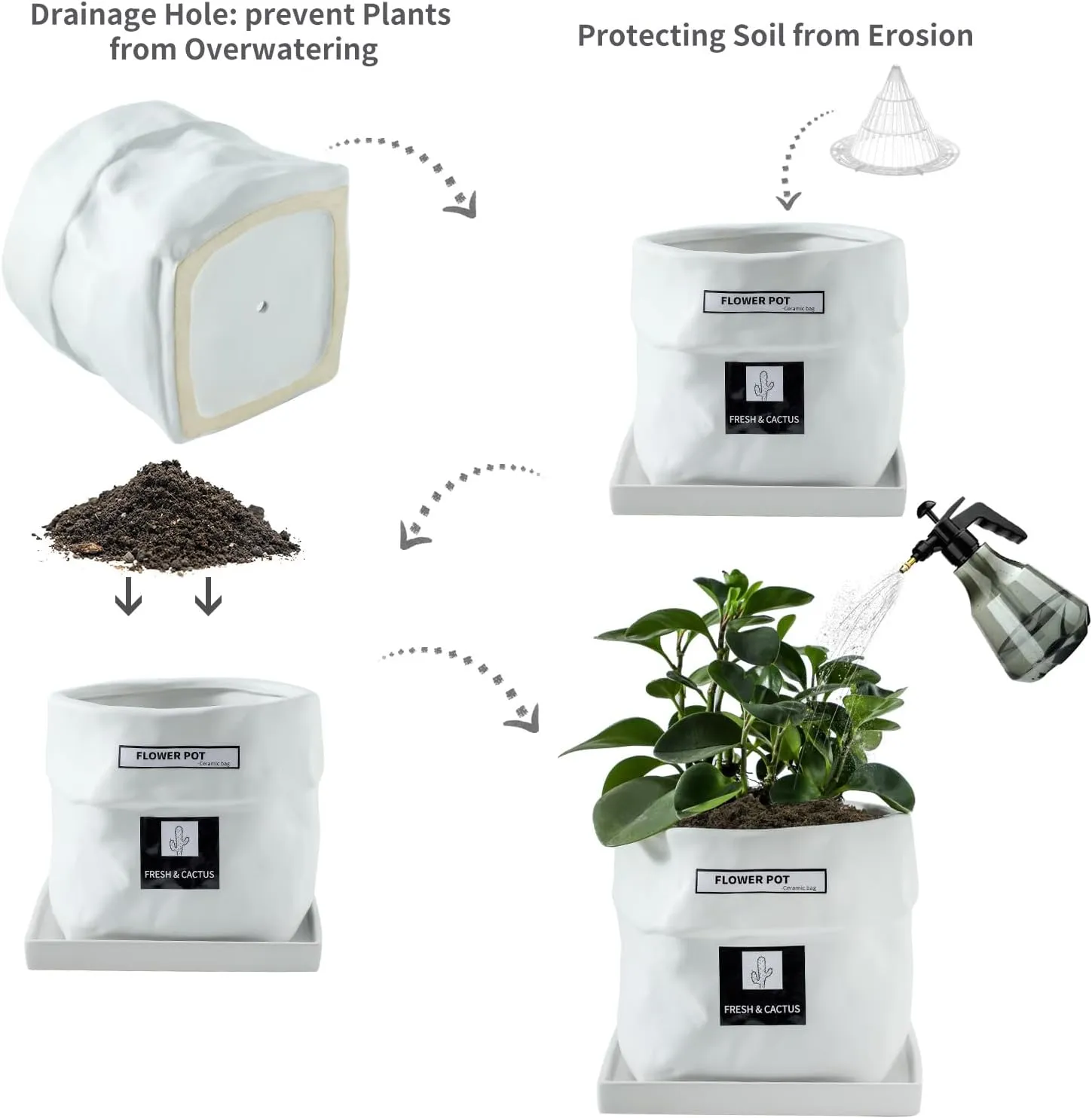 Nihow Ceramic Plant Pot: 6 Inch Planter with Drainage Hole & Square Saucer for Herbs/Plants, Bag Shape Design Flower Pot for Indoor & Outdoor Garden Decor - White
