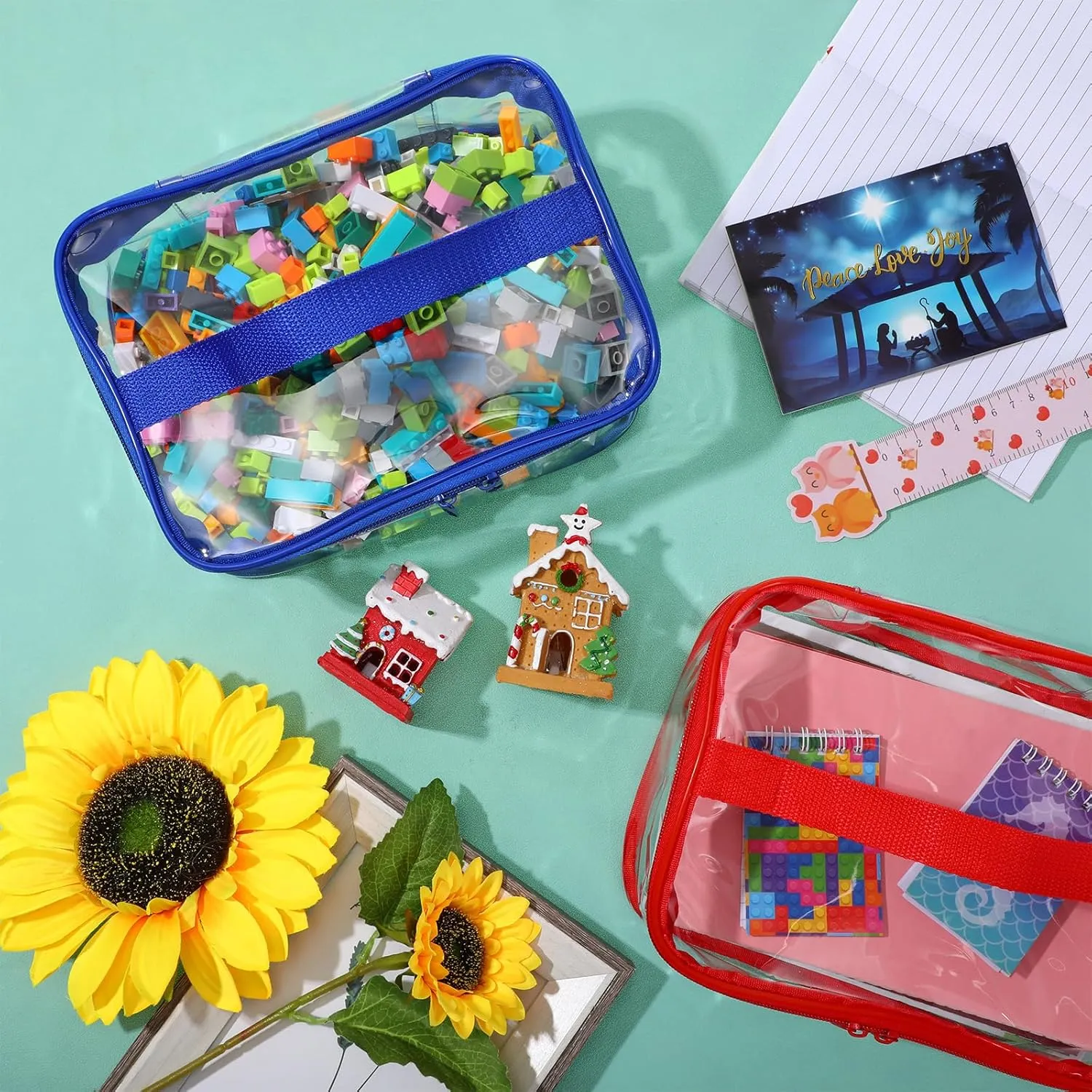 Nitial 3 Packs Small Clear Toy Storage Bags, PVC Toy Storage Bags with Zipper Handle, Waterproof Transparent Container for Small Toys, Building Blocks and Board Games(Red, Blue, Yellow)