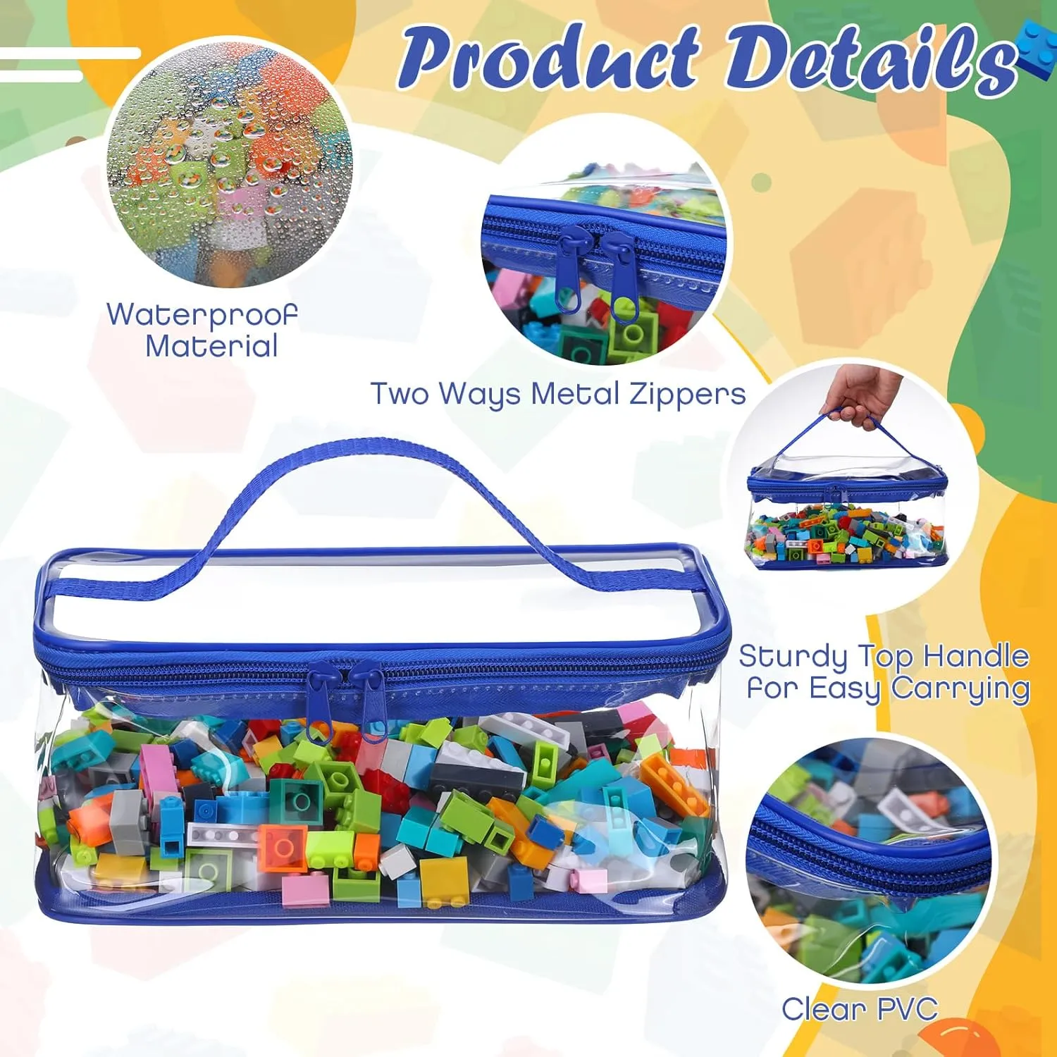 Nitial 3 Packs Small Clear Toy Storage Bags, PVC Toy Storage Bags with Zipper Handle, Waterproof Transparent Container for Small Toys, Building Blocks and Board Games(Red, Blue, Yellow)