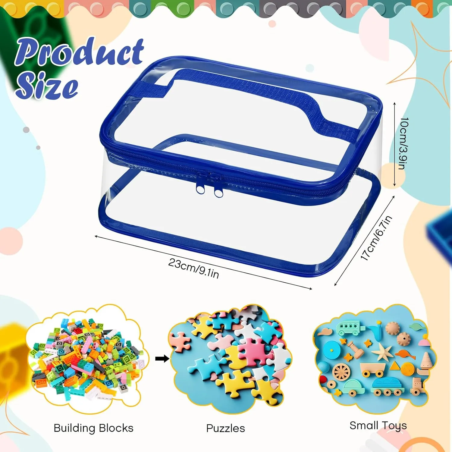 Nitial 3 Packs Small Clear Toy Storage Bags, PVC Toy Storage Bags with Zipper Handle, Waterproof Transparent Container for Small Toys, Building Blocks and Board Games(Red, Blue, Yellow)