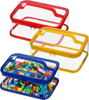 Nitial 3 Packs Small Clear Toy Storage Bags, PVC Toy Storage Bags with Zipper Handle, Waterproof Transparent Container for Small Toys, Building Blocks and Board Games(Red, Blue, Yellow)
