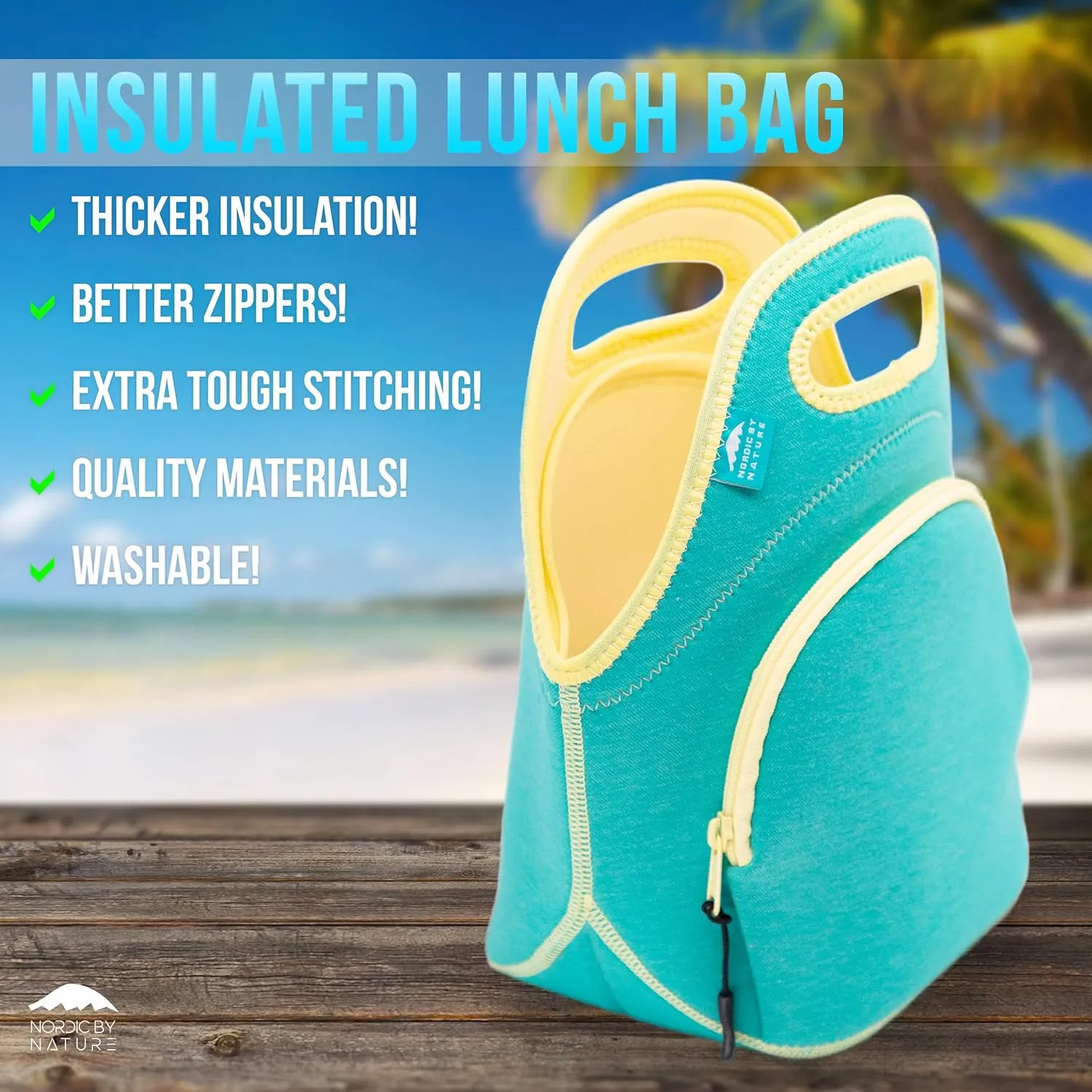 Nordic By Nature Neoprene Lunch Bag for Women & Lunch tote for Kids Insulated Lunch bag Reusable Washable Extra Thick Neoprene & Soft Cotton Feel, Premium Stitching, Outside Pocket, (M) Lagoon