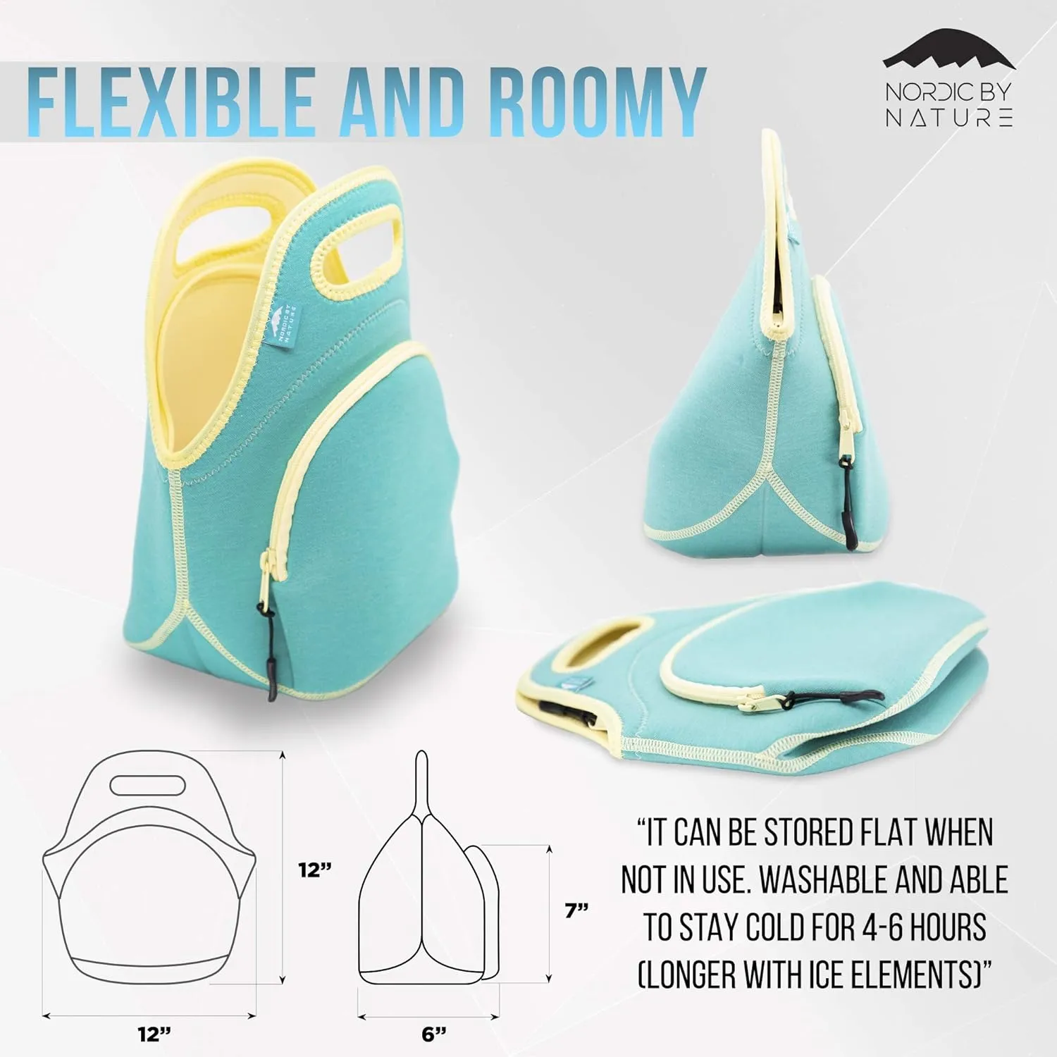 Nordic By Nature Neoprene Lunch Bag for Women & Lunch tote for Kids Insulated Lunch bag Reusable Washable Extra Thick Neoprene & Soft Cotton Feel, Premium Stitching, Outside Pocket, (M) Lagoon