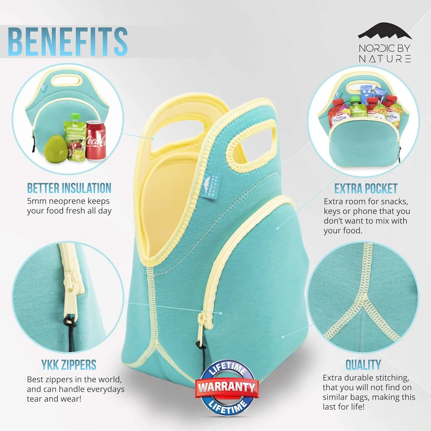 Nordic By Nature Neoprene Lunch Bag for Women & Lunch tote for Kids Insulated Lunch bag Reusable Washable Extra Thick Neoprene & Soft Cotton Feel, Premium Stitching, Outside Pocket, (M) Lagoon
