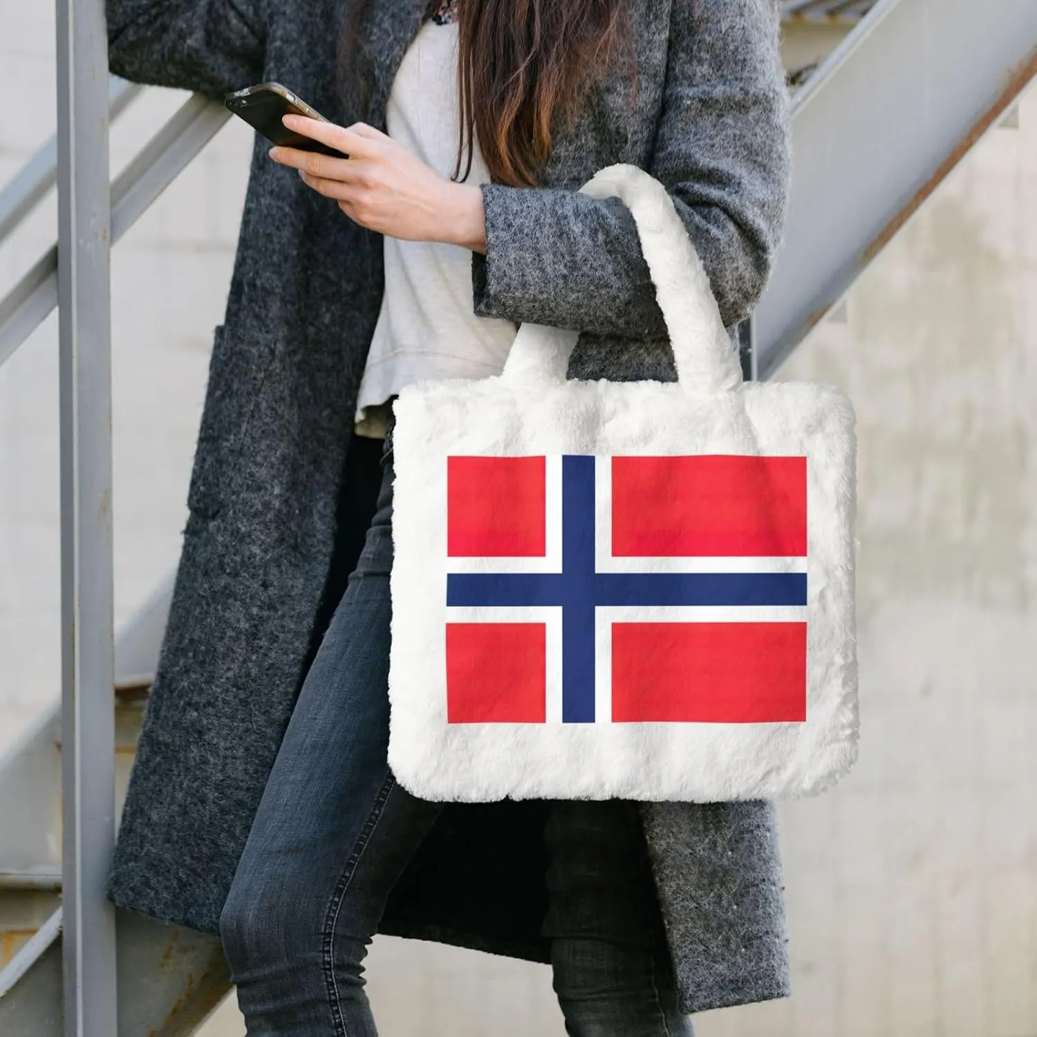 Norwegian Flag Printing Fluffy Shoulder Bag Ladies Plush Underarm Bag Tote Bag Furry Purse Handbag For Work Travel