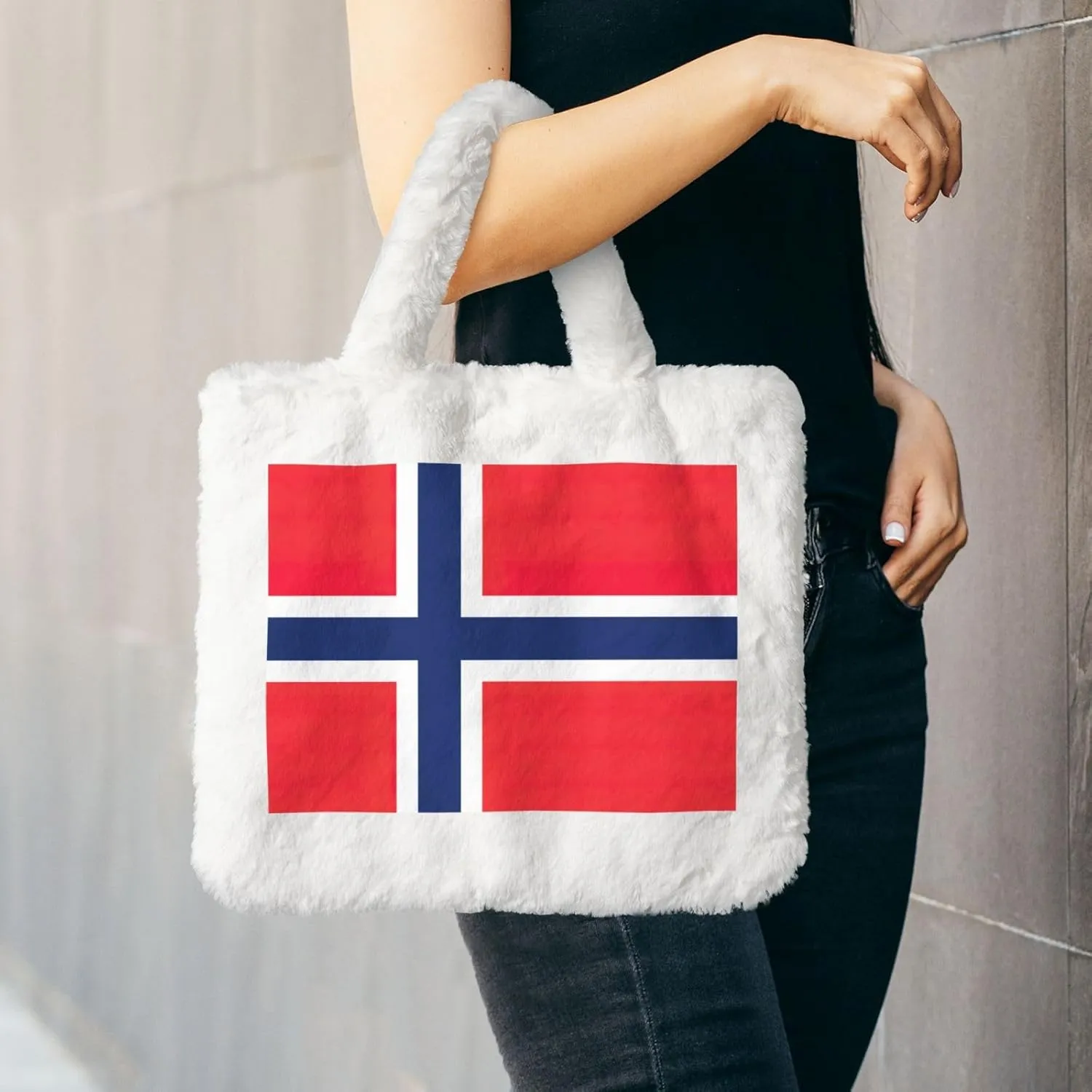 Norwegian Flag Printing Fluffy Shoulder Bag Ladies Plush Underarm Bag Tote Bag Furry Purse Handbag For Work Travel