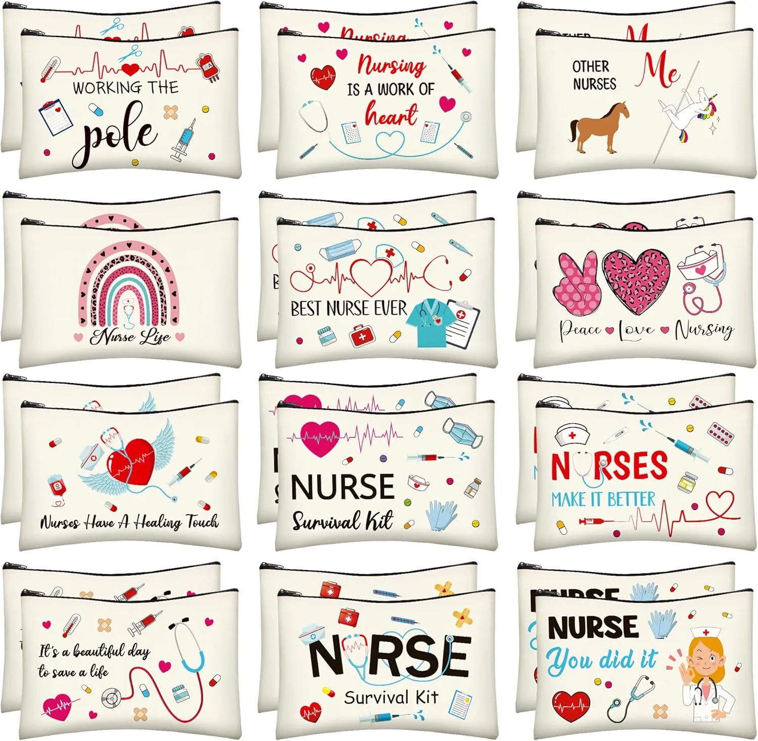 Nurses Week Accessories, 24 PCS Nurse Survival Kit Bag, Canvas Zipper Pouch Nurse Practitioner Accessories, Nurse Zipper Travel Makeup Bag for Women Girls Nurses Nurse Party