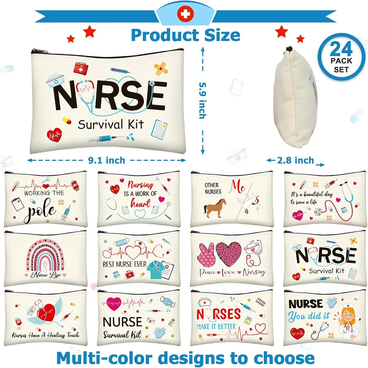 Nurses Week Accessories, 24 PCS Nurse Survival Kit Bag, Canvas Zipper Pouch Nurse Practitioner Accessories, Nurse Zipper Travel Makeup Bag for Women Girls Nurses Nurse Party