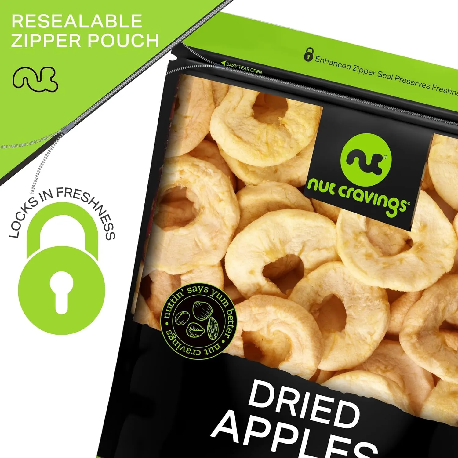 NUT CRAVINGS Dry Fruits - Dried Apple Rings Slices, No Sugar Added - Chewy Soft Texture (16oz - 1 LB) Packed Fresh in Resealable Bag - Sweet Snack, Healthy Food, Naturally Grown, Vegan, Kosher