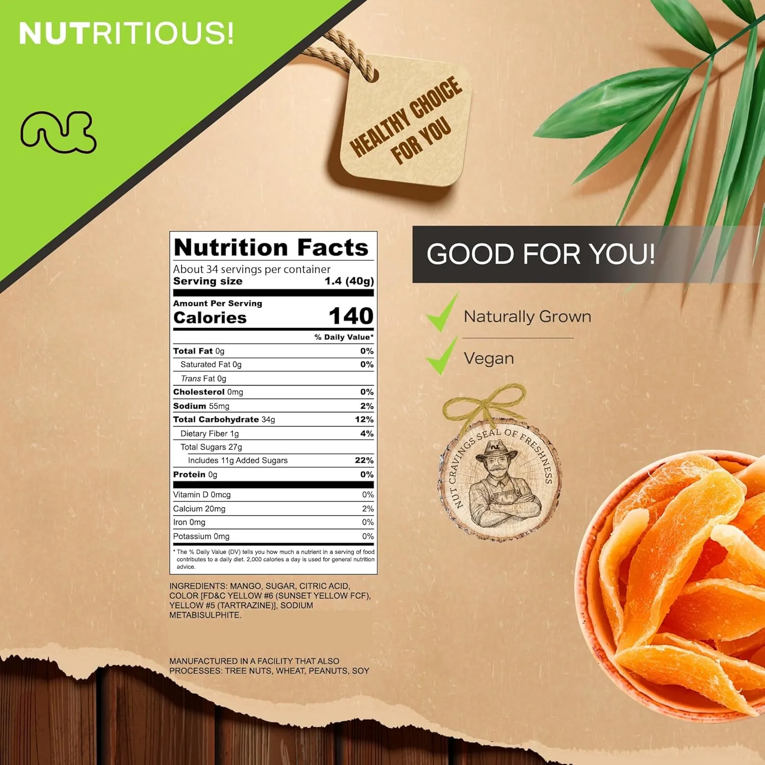 NUT CRAVINGS Dry Fruits - Sun Dried Mango Slices, with Sugar Added (48oz - 3 LB, Bulk) Packed Fresh in Resealable Bag - Sweet Snack, Healthy Food, Naturally Grown, Vegan, Kosher Certified