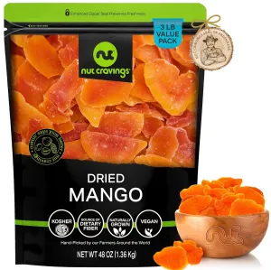 NUT CRAVINGS Dry Fruits - Sun Dried Mango Slices, with Sugar Added (48oz - 3 LB, Bulk) Packed Fresh in Resealable Bag - Sweet Snack, Healthy Food, Naturally Grown, Vegan, Kosher Certified