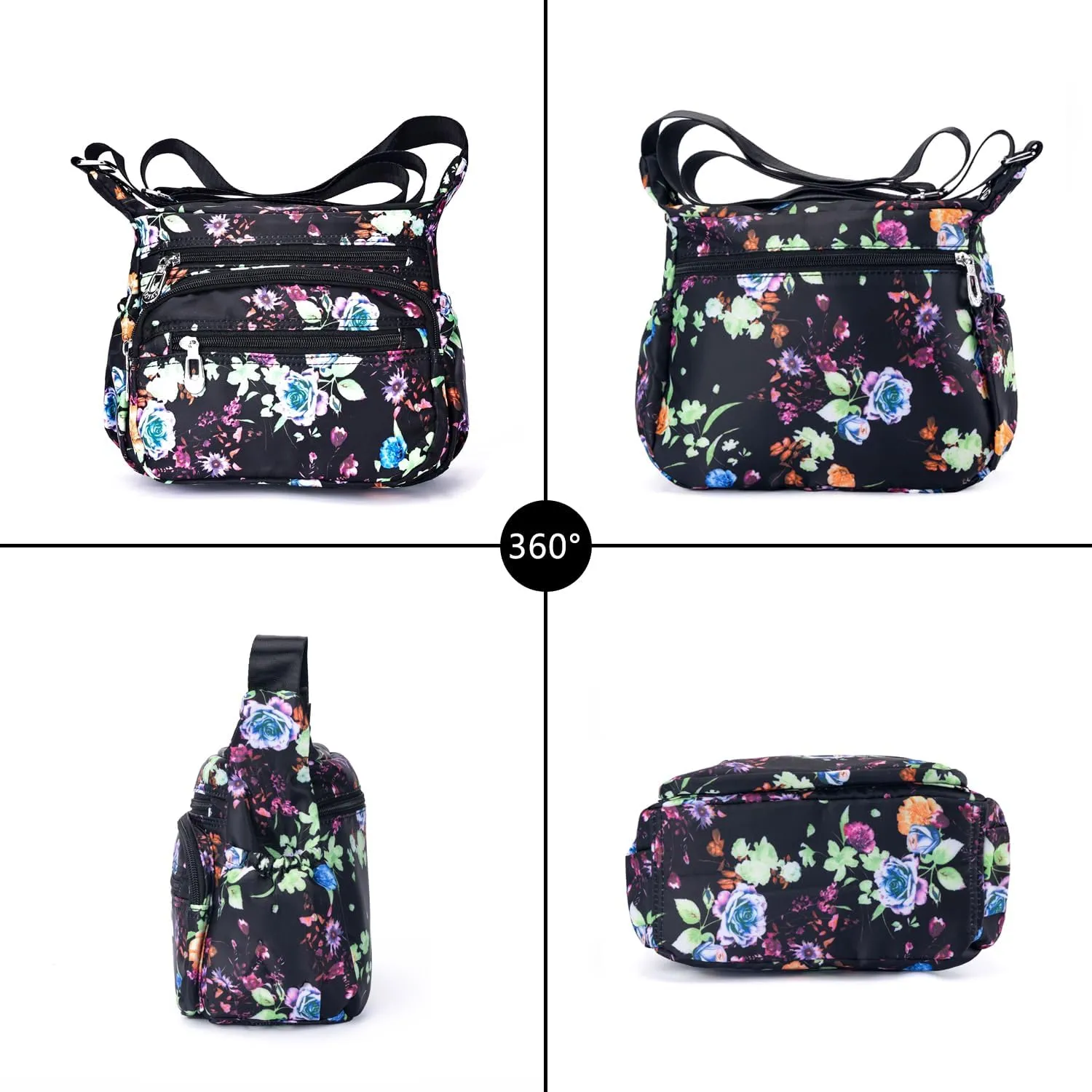 Nylon Floral Multi-Pocket Crossbody Purse Bags for Women Travel Shoulder Bag