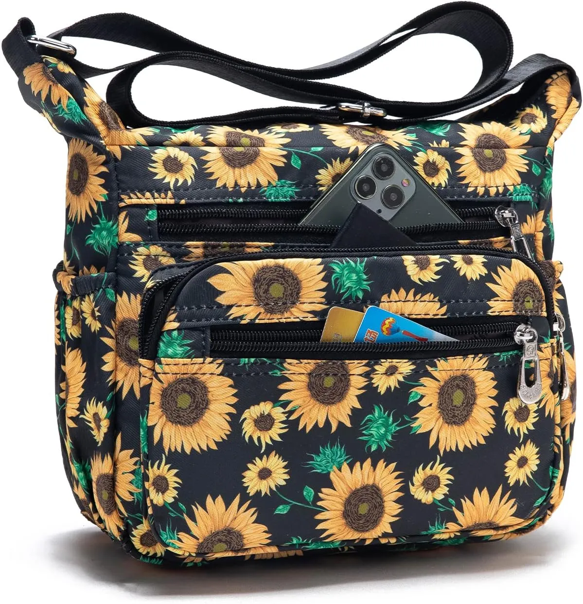Nylon Floral Multi-Pocket Crossbody Purse Bags for Women Travel Shoulder Bag
