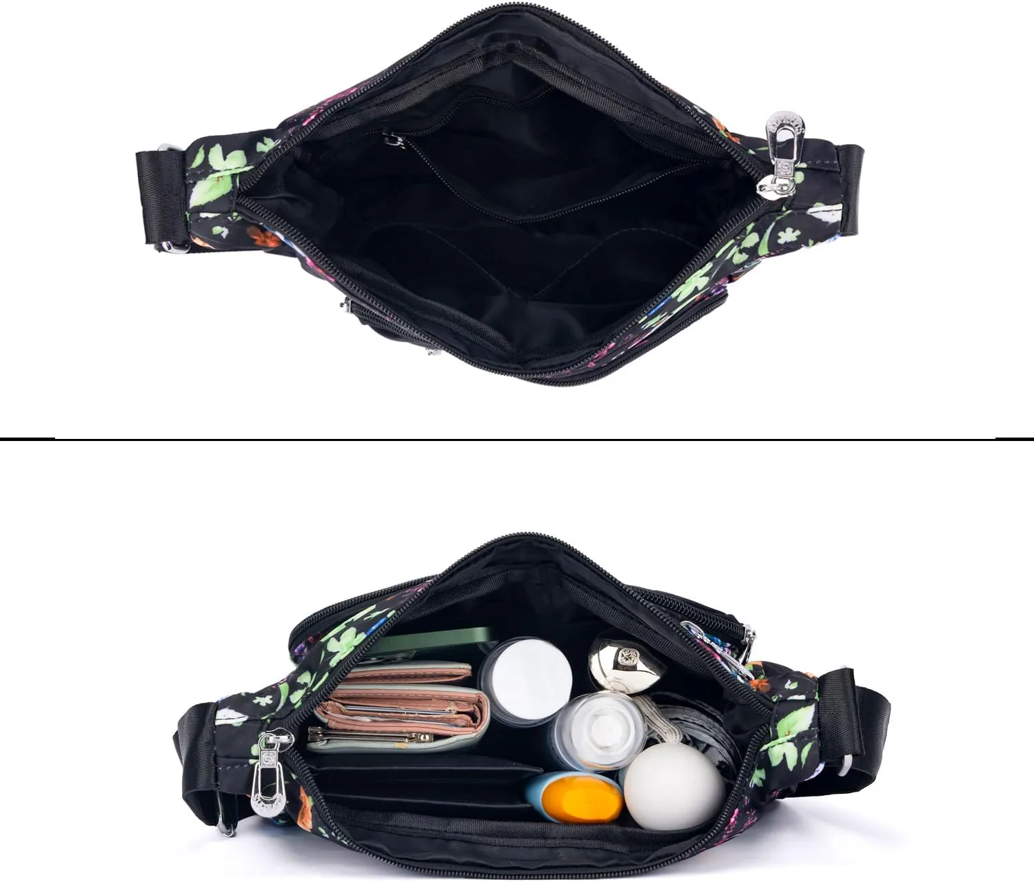 Nylon Floral Multi-Pocket Crossbody Purse Bags for Women Travel Shoulder Bag