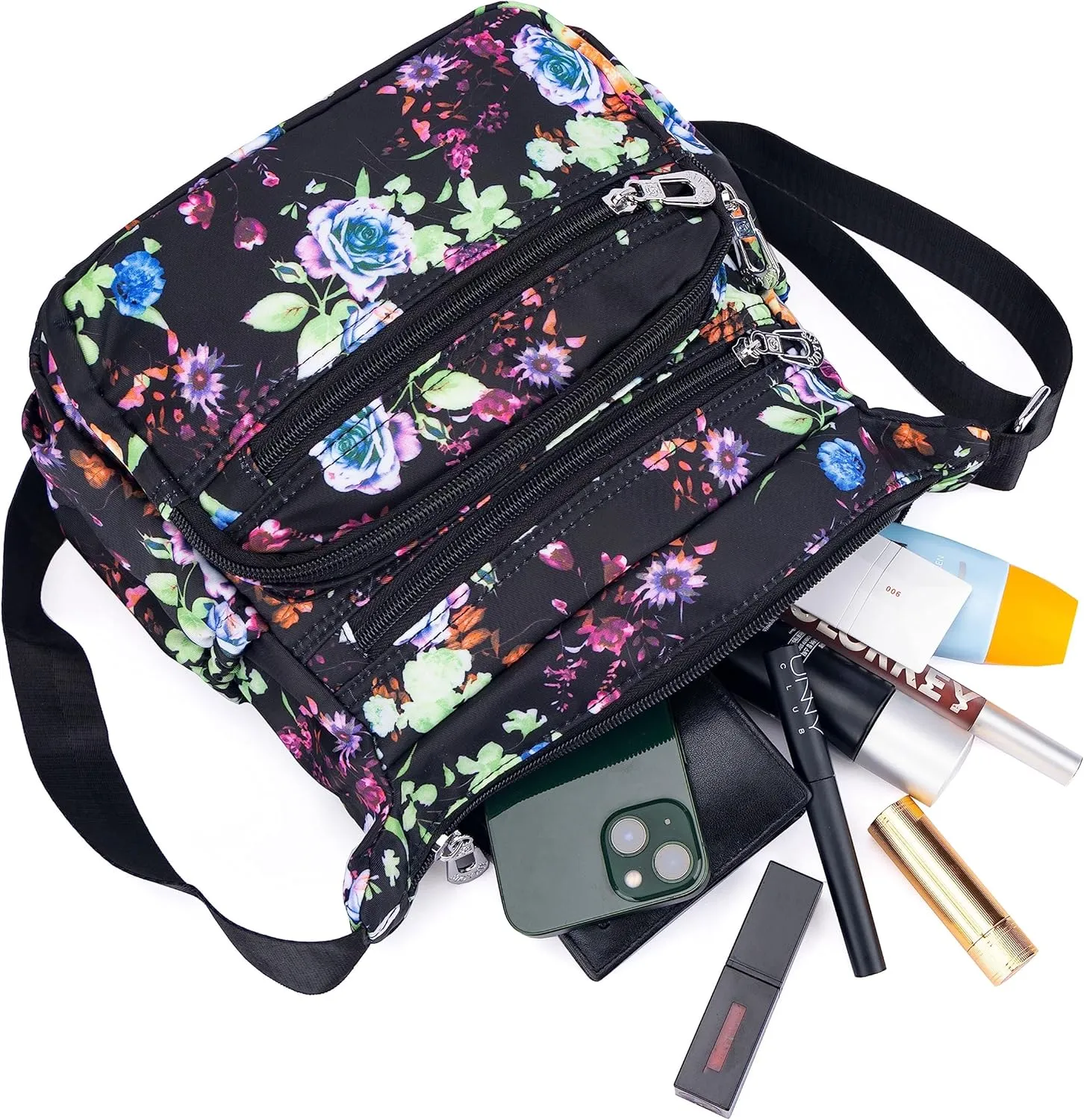 Nylon Floral Multi-Pocket Crossbody Purse Bags for Women Travel Shoulder Bag