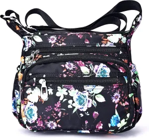Nylon Floral Multi-Pocket Crossbody Purse Bags for Women Travel Shoulder Bag