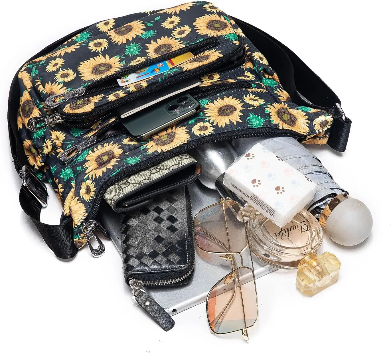 Nylon Floral Multi-Pocket Crossbody Purse Bags for Women Travel Shoulder Bag