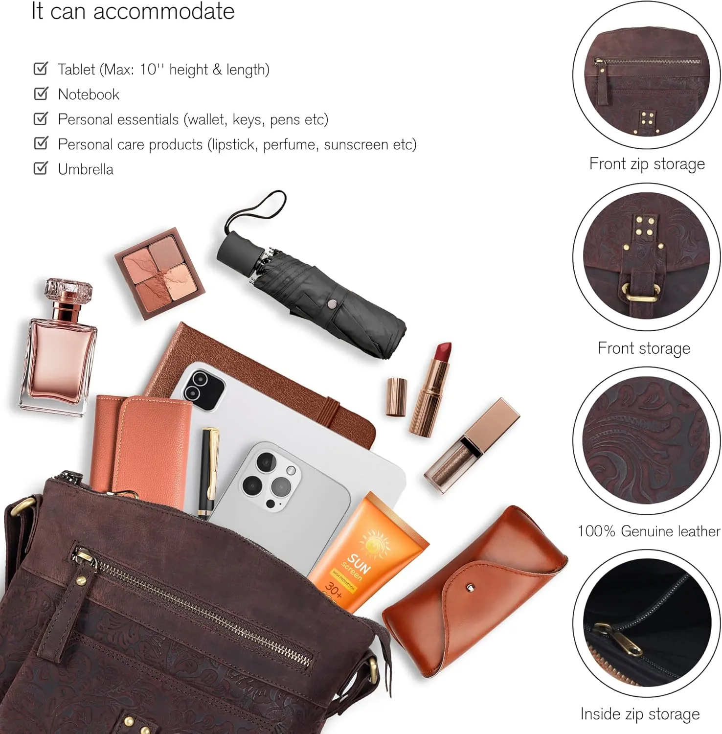 Oak Leathers Leather Crossbody Bag For Women With Adjustable Sling Strap - Medium Size Crossover Shoulder Handbag Purse