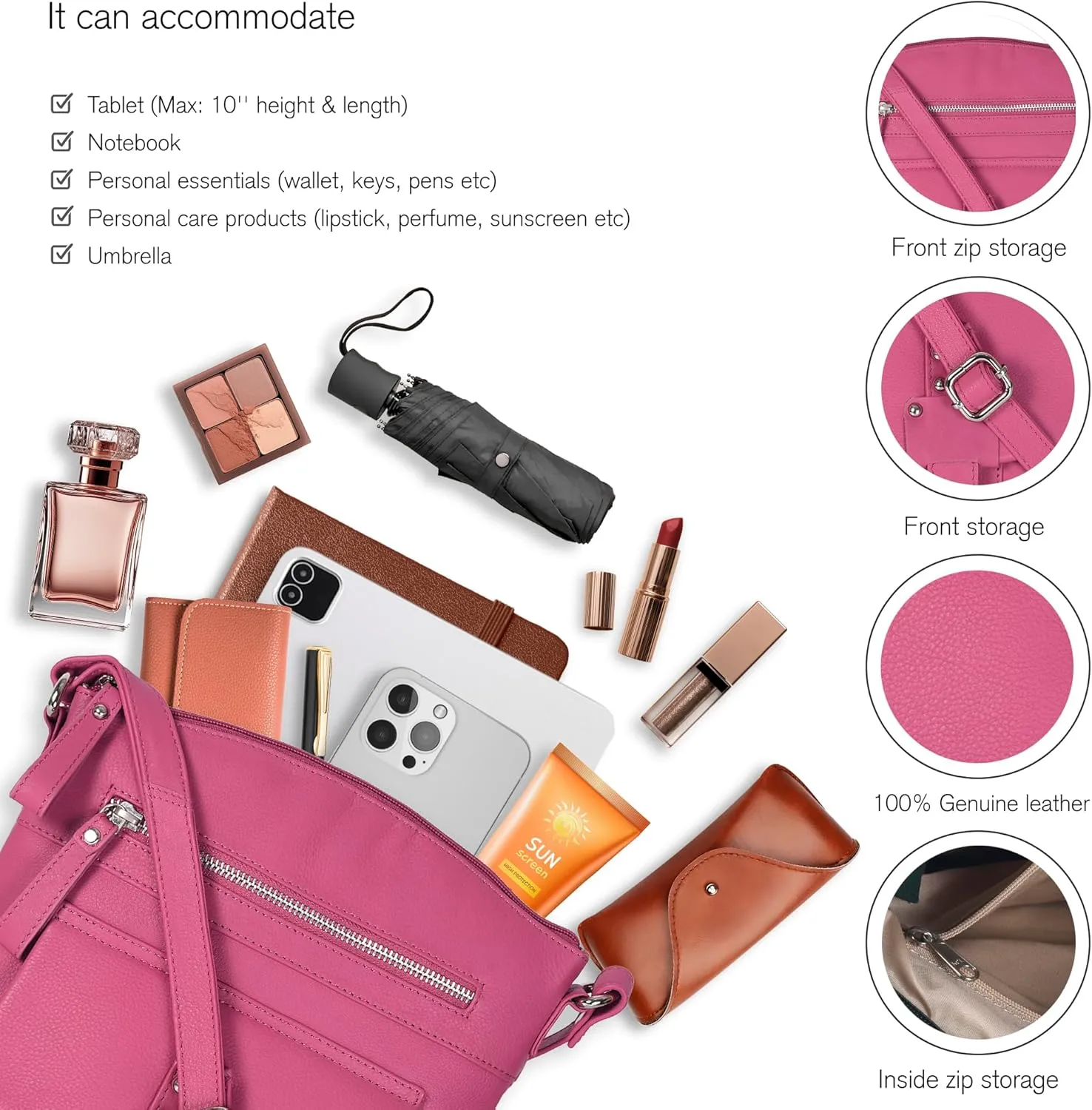 Oak Leathers Leather Crossbody Bag For Women With Adjustable Sling Strap - Medium Size Crossover Shoulder Handbag Purse