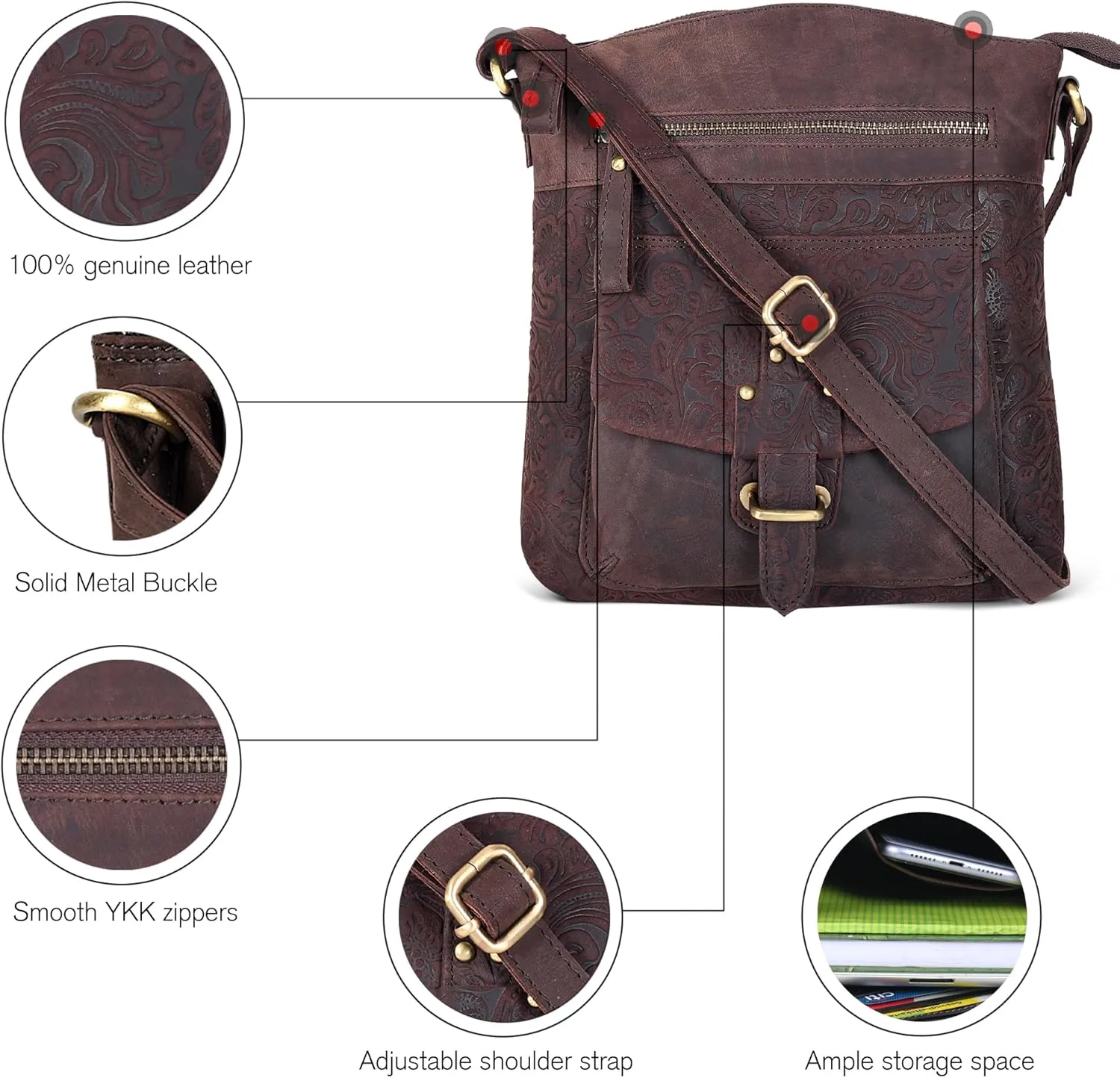 Oak Leathers Leather Crossbody Bag For Women With Adjustable Sling Strap - Medium Size Crossover Shoulder Handbag Purse