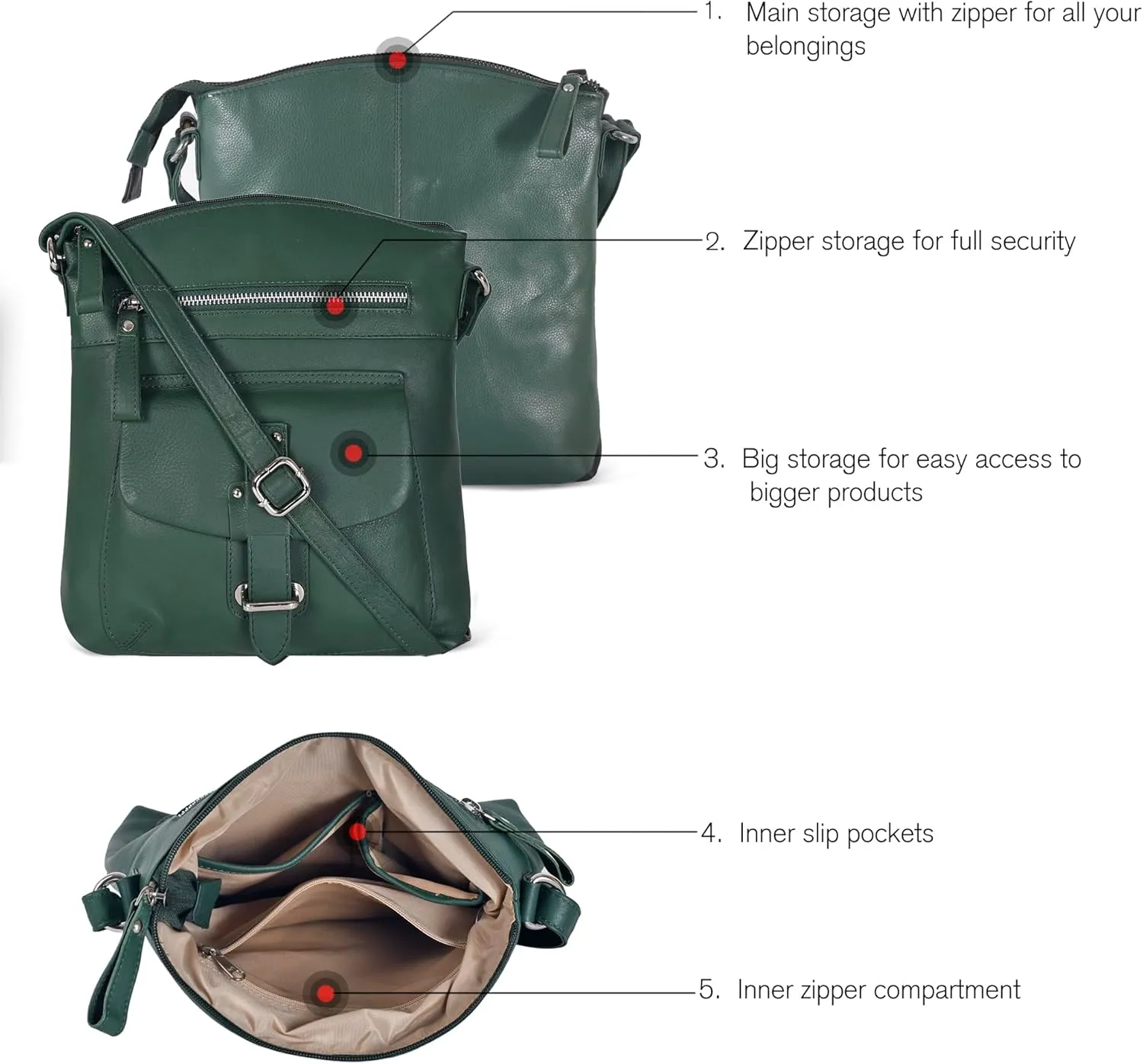 Oak Leathers Leather Crossbody Bag For Women With Adjustable Sling Strap - Medium Size Crossover Shoulder Handbag Purse