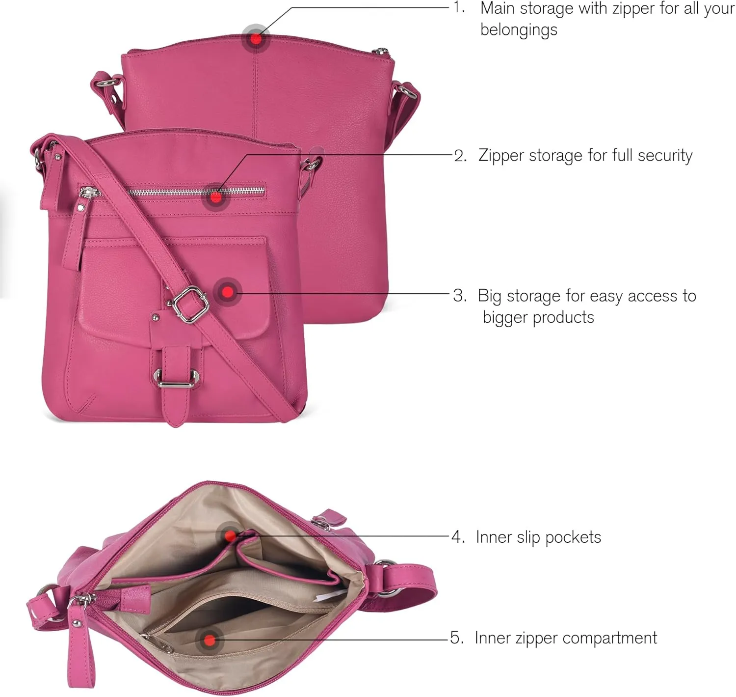 Oak Leathers Leather Crossbody Bag For Women With Adjustable Sling Strap - Medium Size Crossover Shoulder Handbag Purse