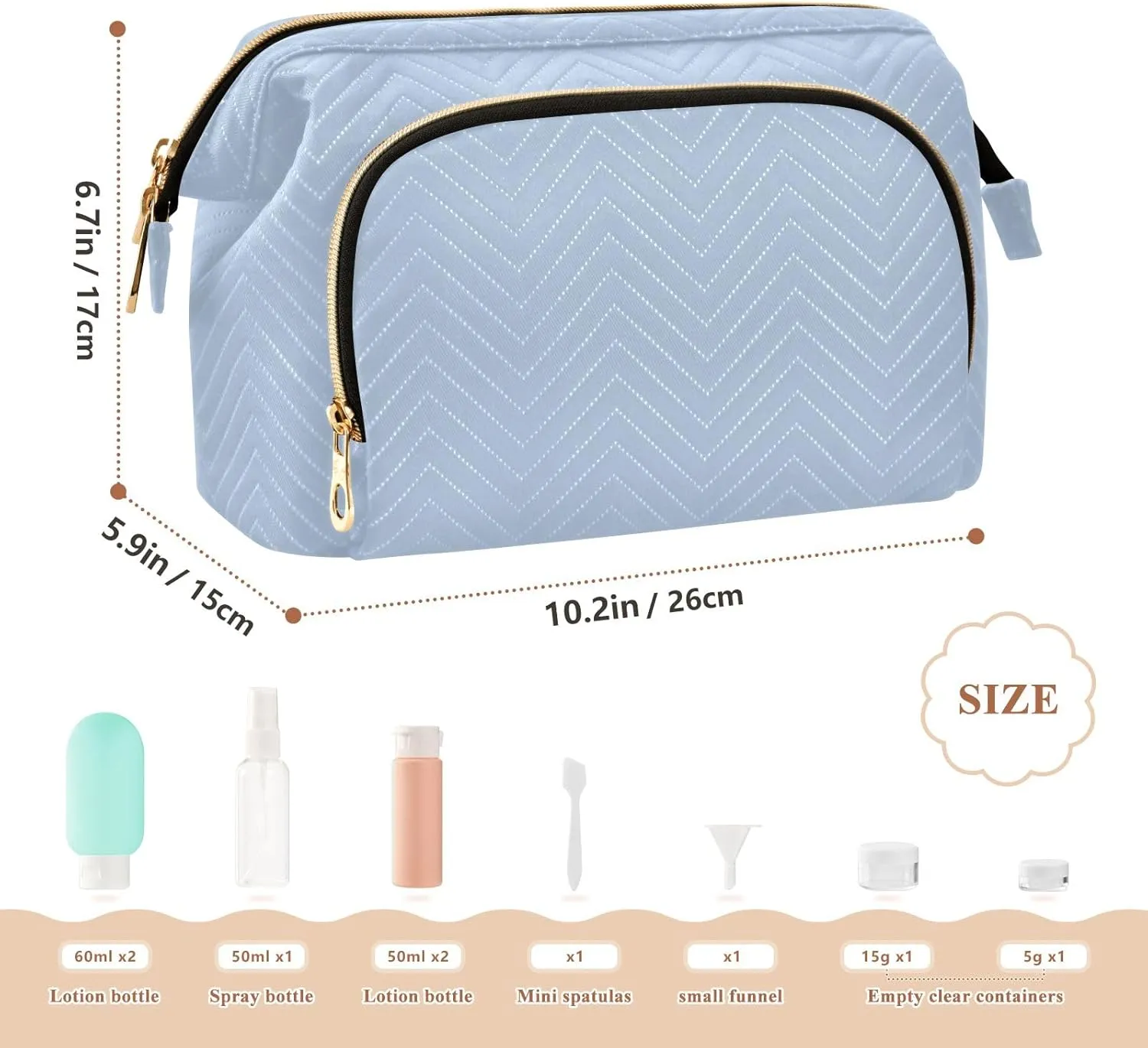 ODAWA Large Capacity Cosmetic Bag Light Steel Blue Travel Toiletry Bag Makeup Cosmetic Bags with 9-Piece Accessory Set, Toiletry Makeup Bags for Traveling Women