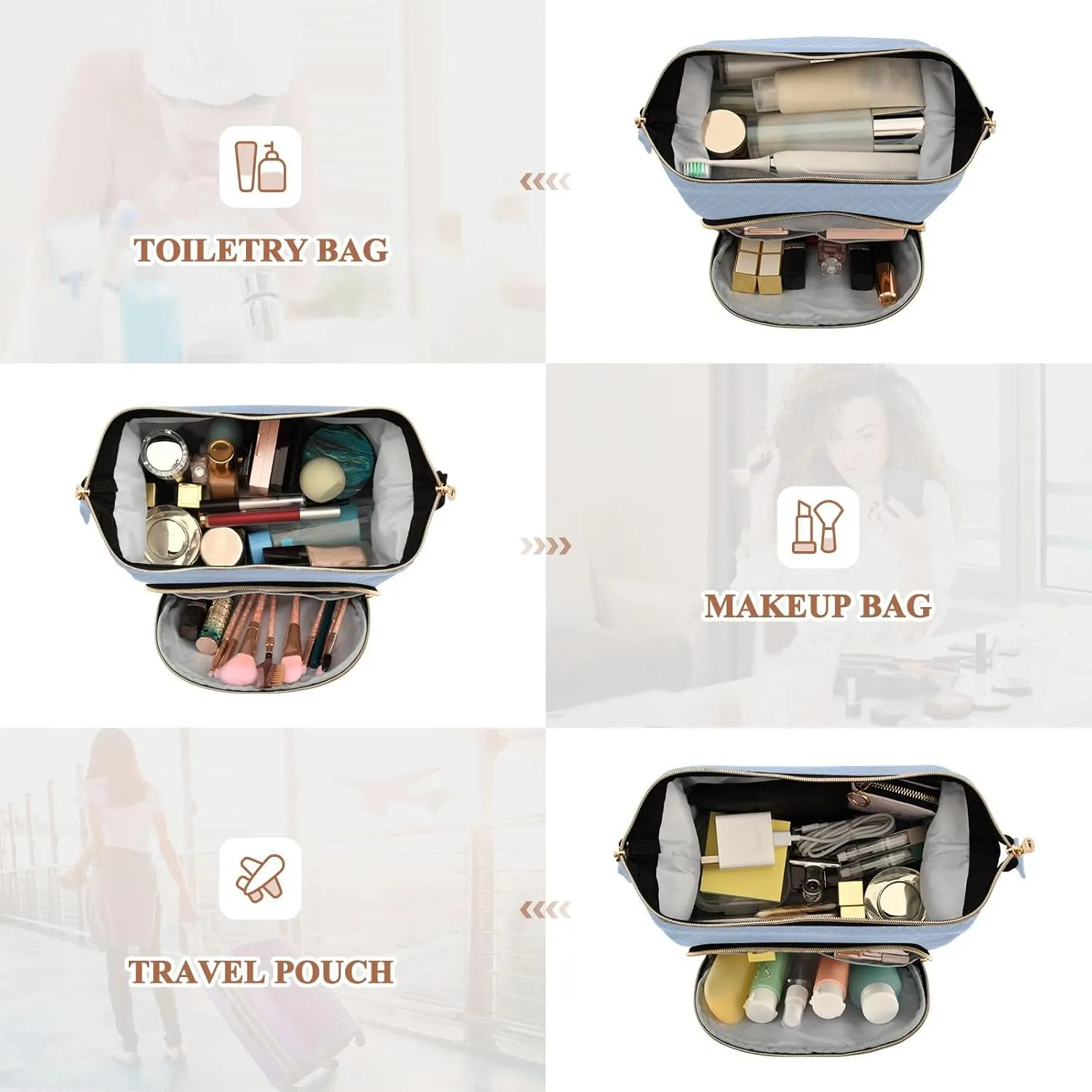 ODAWA Large Capacity Cosmetic Bag Light Steel Blue Travel Toiletry Bag Makeup Cosmetic Bags with 9-Piece Accessory Set, Toiletry Makeup Bags for Traveling Women