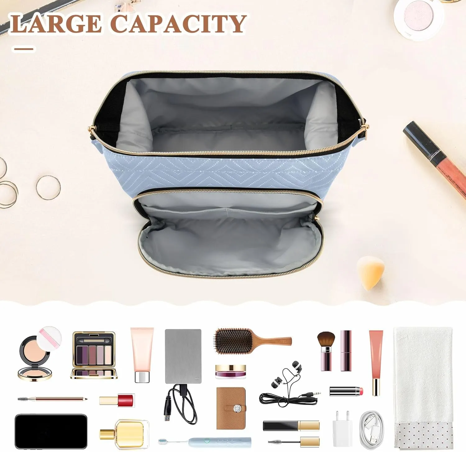 ODAWA Large Capacity Cosmetic Bag Light Steel Blue Travel Toiletry Bag Makeup Cosmetic Bags with 9-Piece Accessory Set, Toiletry Makeup Bags for Traveling Women