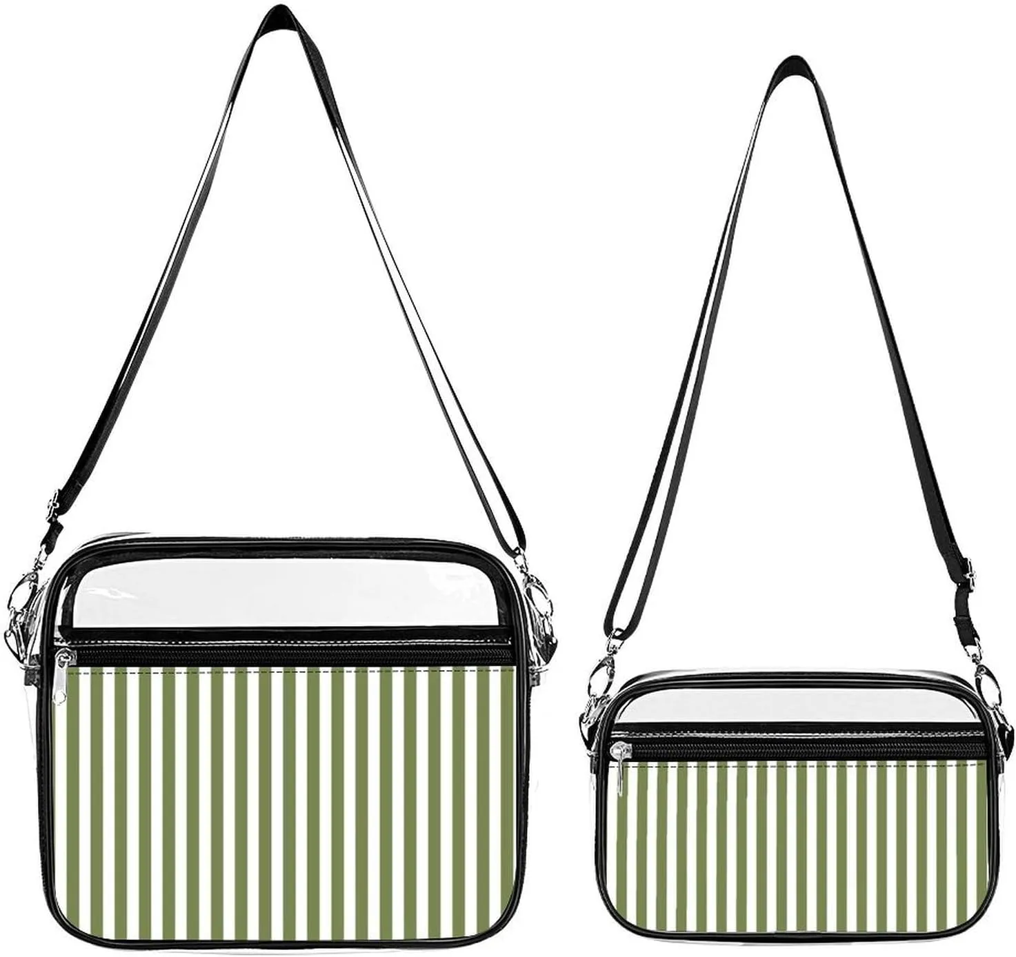 Olive Green And White Candy Stripes Transparent Cross Bag Two-piece Set, Fashionable Transparent Bag