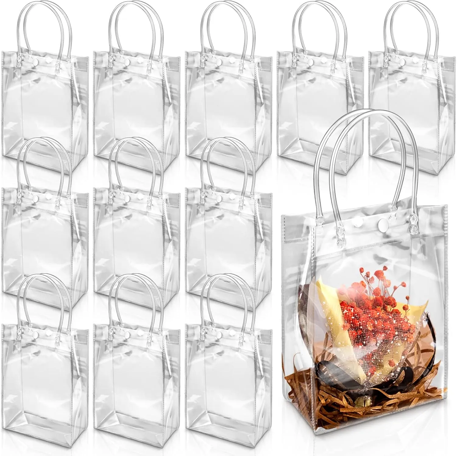 Oomcu 18 Pack Clear Plastic Gift Bags with Handles - 9.06"x6.7"x2.76" Reusable PVC Tote for Party Favors,Wedding, Birthday, Baby Shower,Halloween,Goodie Bags, Retail Shopping,Boutique, Treat Bags