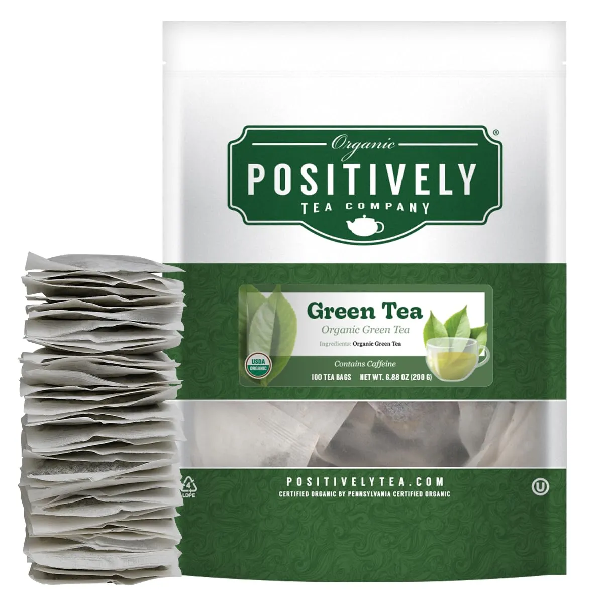 Organic Positively Tea Company, Green Tea Bags, 100 Count, Eco-Friendly Tea Bags, Non-GMO