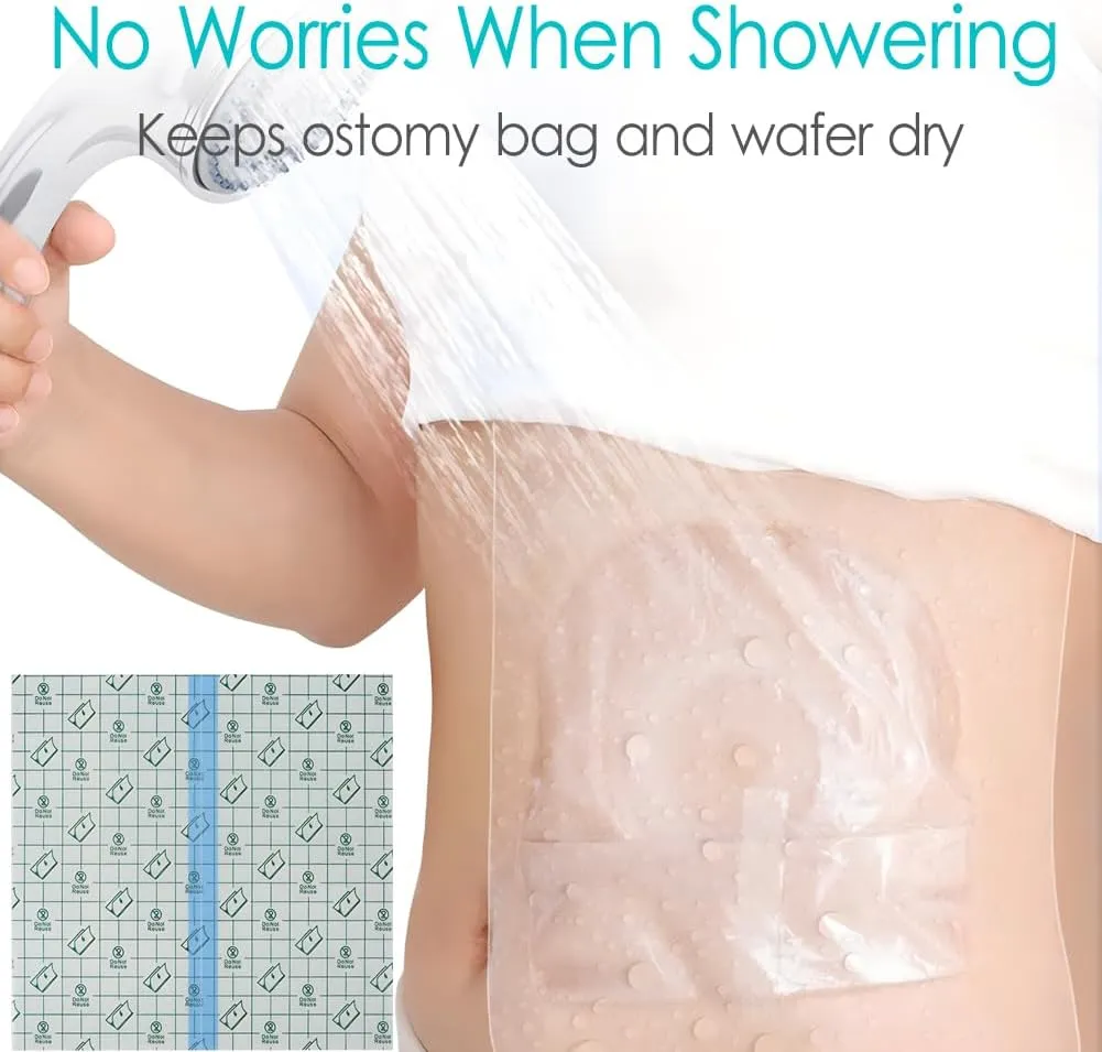 Ostomy Shower Cover Waterproof Ostomy Bag Covers Shower Guard Stoma Shower Shields Colostomy Bathing Bags Shower Protector Adhesive Bandage with Non-Stick Pad for Showering 10"x12" 14 Pcs