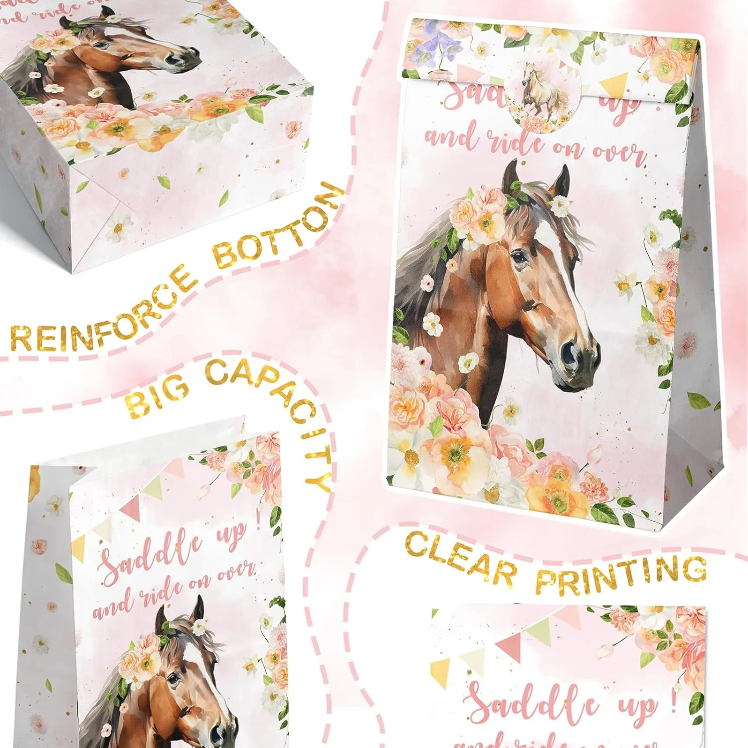 Outego 24 Girl Horse Party Favor Bags with Stickers - Girl Horse Goodie Bags for Kids - Perfect for Horse Themed Birthday Party and Celebration