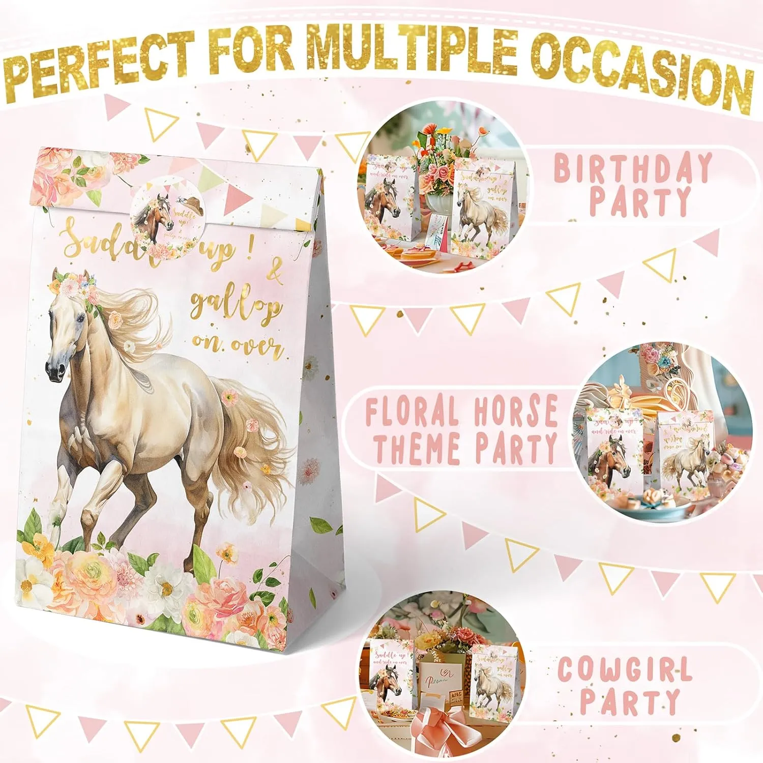 Outego 24 Girl Horse Party Favor Bags with Stickers - Girl Horse Goodie Bags for Kids - Perfect for Horse Themed Birthday Party and Celebration