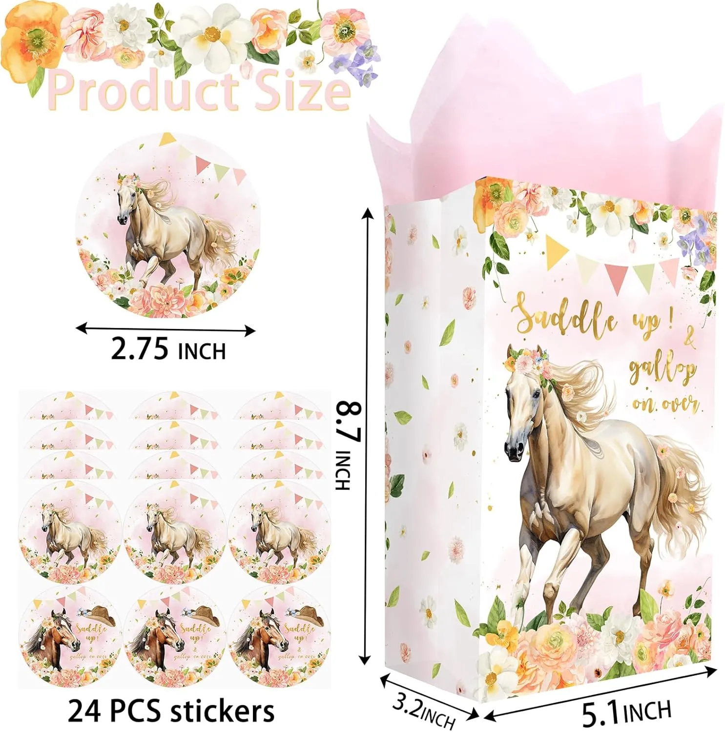 Outego 24 Girl Horse Party Favor Bags with Stickers - Girl Horse Goodie Bags for Kids - Perfect for Horse Themed Birthday Party and Celebration