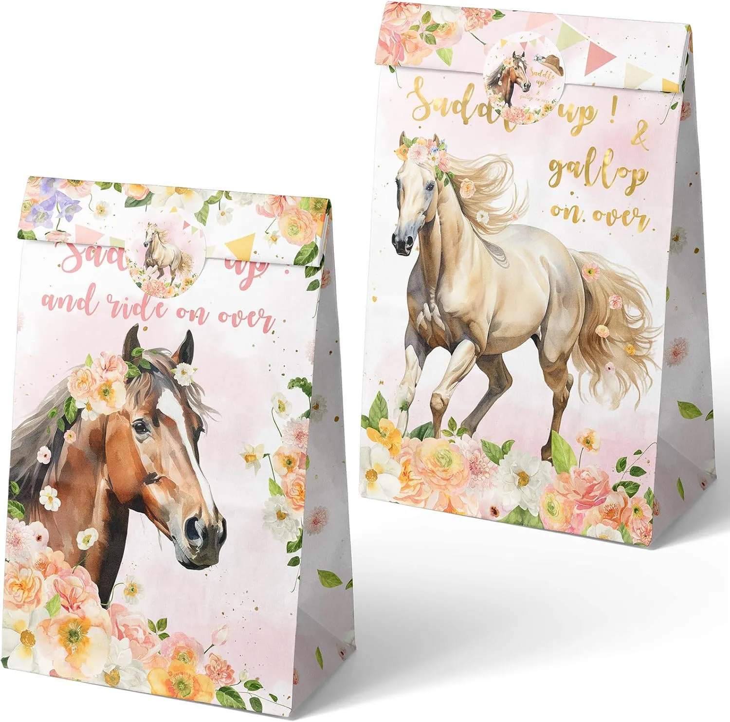 Outego 24 Girl Horse Party Favor Bags with Stickers - Girl Horse Goodie Bags for Kids - Perfect for Horse Themed Birthday Party and Celebration
