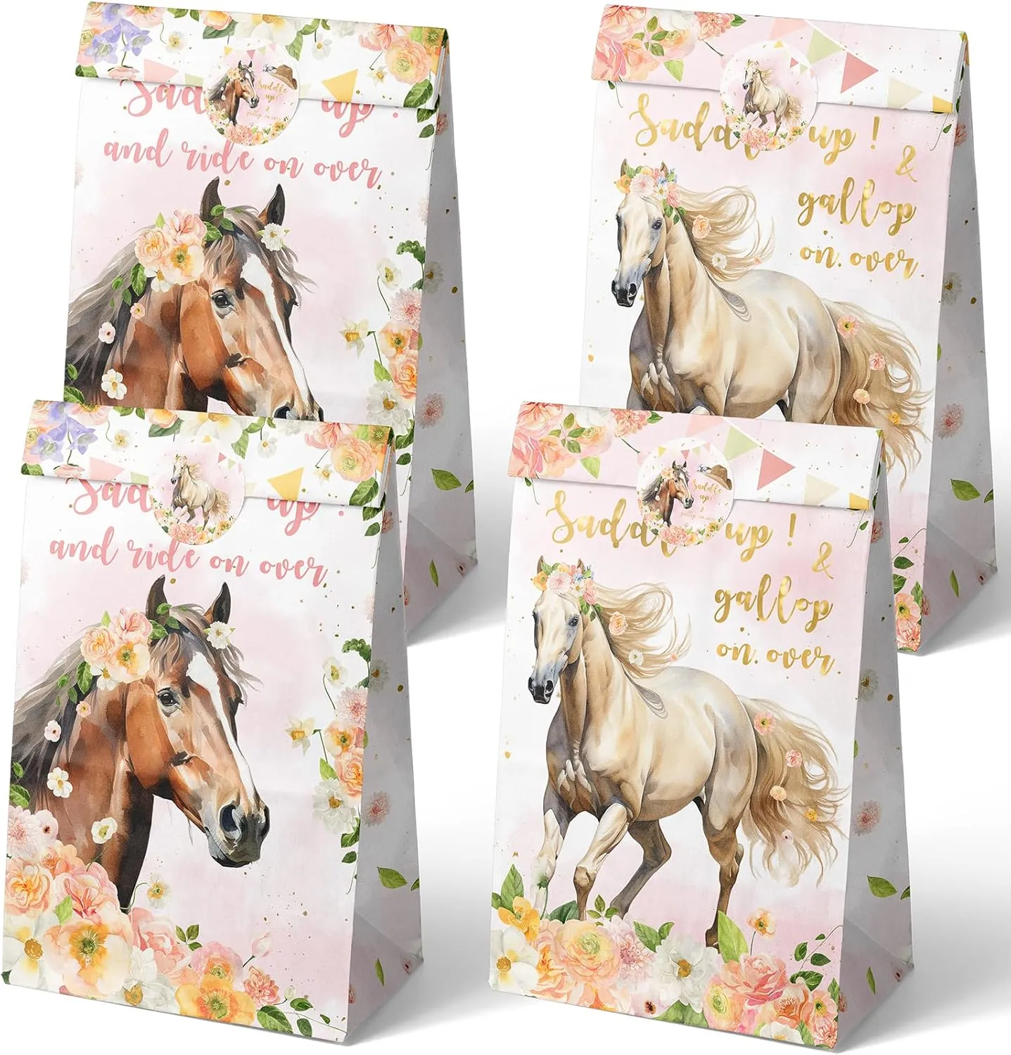 Outego 24 Girl Horse Party Favor Bags with Stickers - Girl Horse Goodie Bags for Kids - Perfect for Horse Themed Birthday Party and Celebration