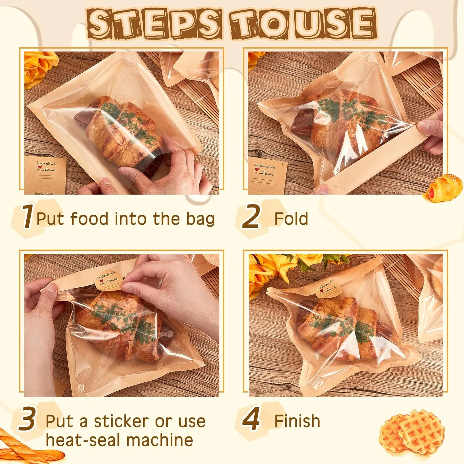 Outus 400 Pcs Heat Sealable Cookie Bags with Window Grease Resistant Kraft Bakery Pastry Bags with Paper Stickers for Packaging Donut Bread Cookie Goods Sandwich Baked Treat (7.1 x 7.5 Inch)